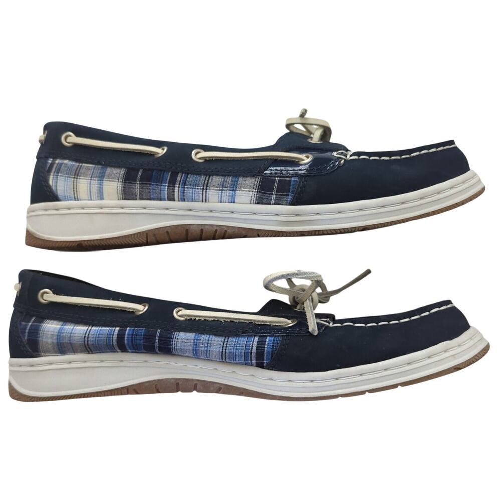 KHOMBU Blue Leather & White Plaid Slip on Boat Shoes women's Size 11